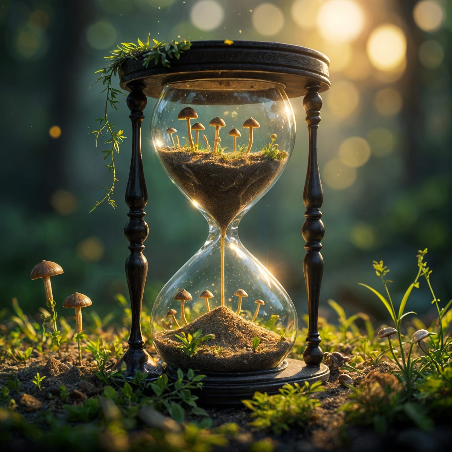 A cracked hourglass filled not with sand but with living grass and tiny mushrooms, roots twisting along ...  by @Likvi