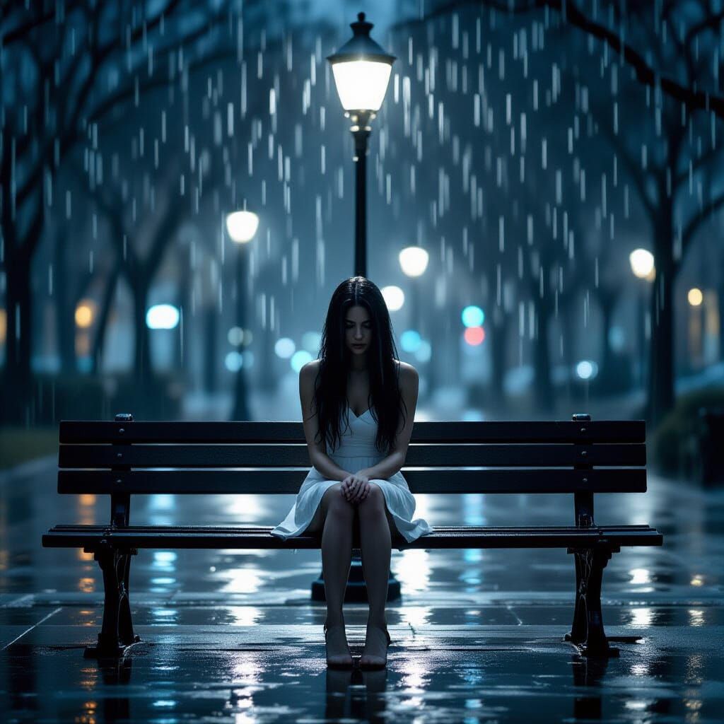 Woman in White Dress on Rainy Park Bench