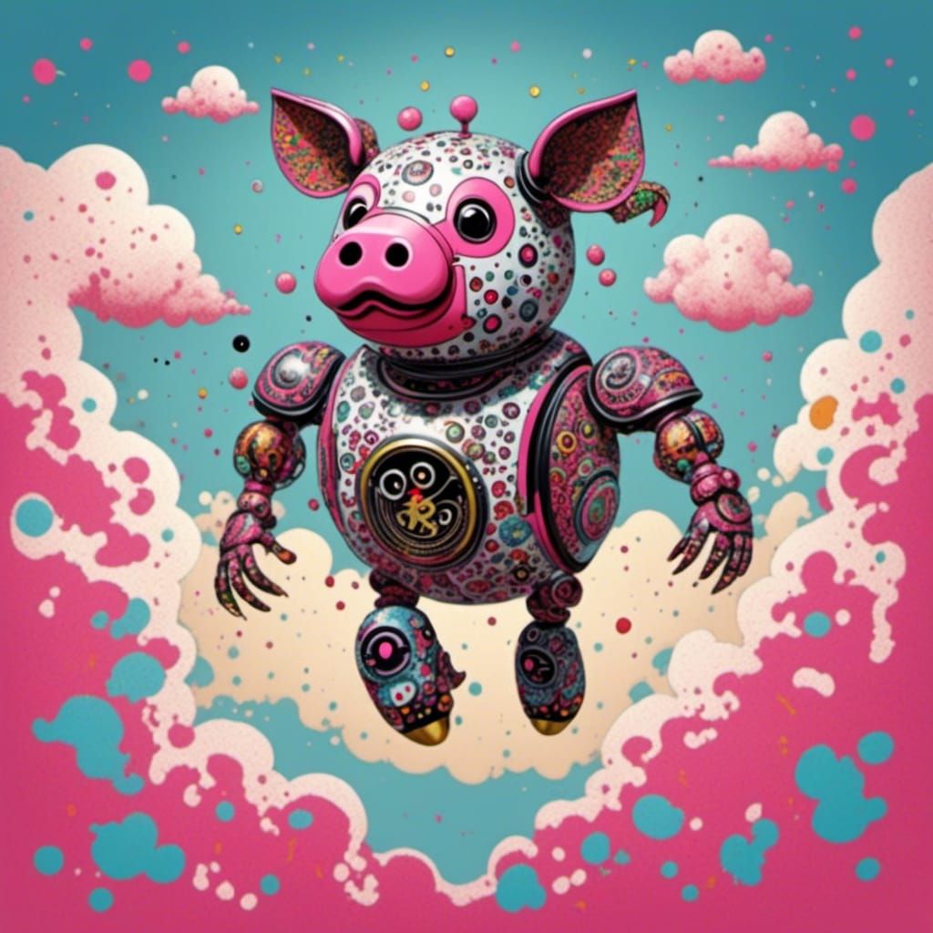 <lora:Flamingo Fancy:1.0> Cute adorable robot flying pig in the clouds 