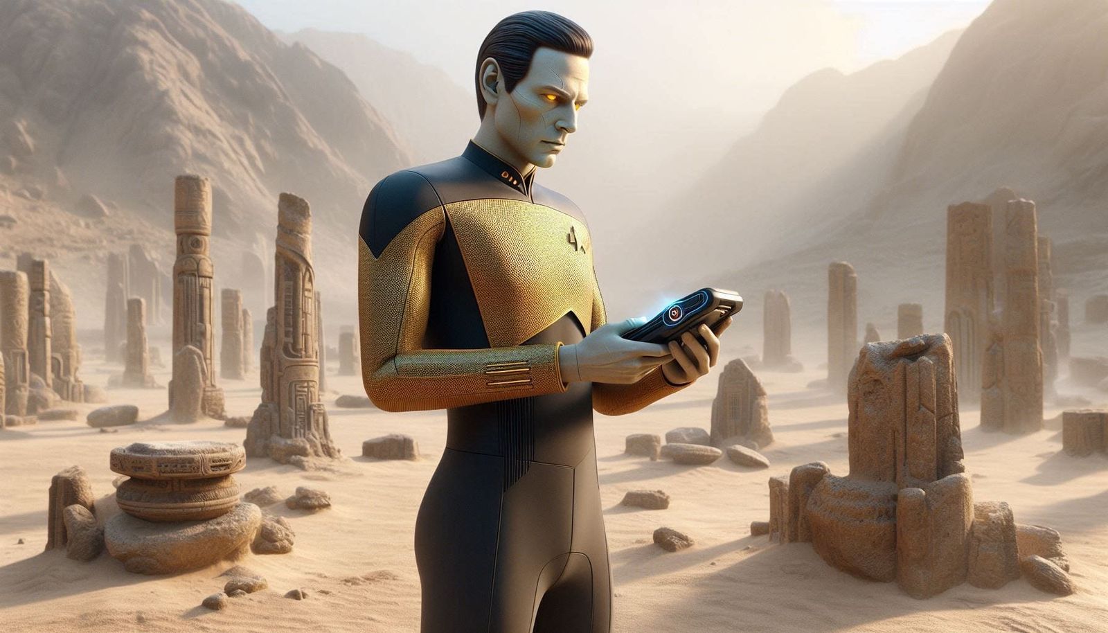 Lieutenant Commander Data Scanning Ancient Alien ruins