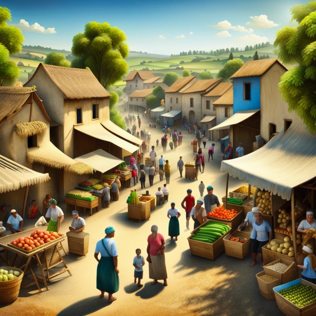 A bustling scene of a countryside village market day, with villagers ...