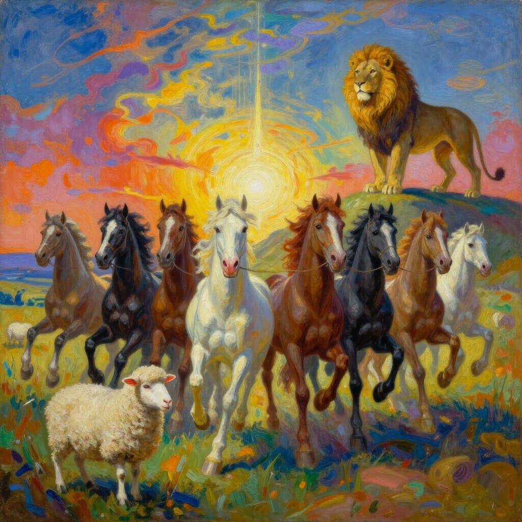 Epic Surrealist Oil Painting of Horses, Lion, and Sheep