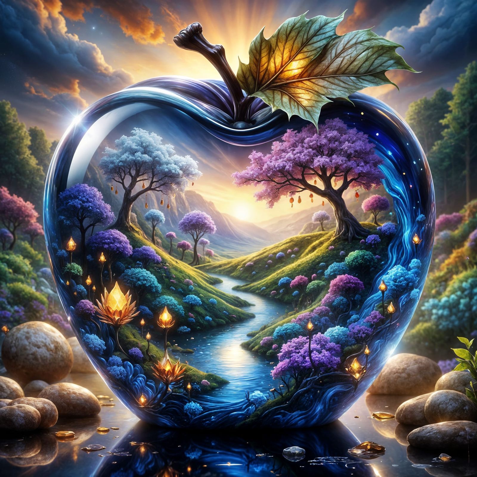 Imagine a shimmering crystal apple in a fantasy world of dreams, it is crystal clear, except its inside ...  by @Metaspherz