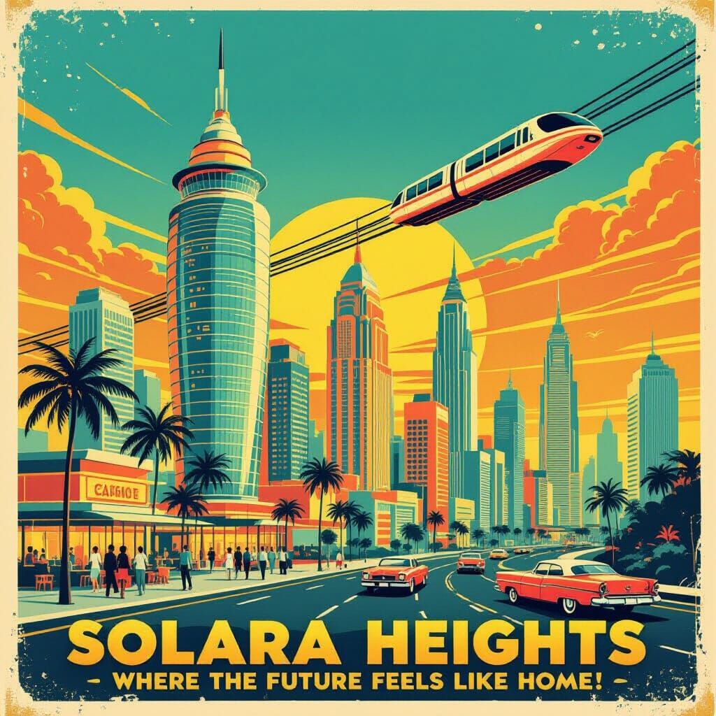"A 1960s-style travel poster of an imaginary city named 'Solara Heights'. The design features bold, saturated ...  by @Tan Bee Hong