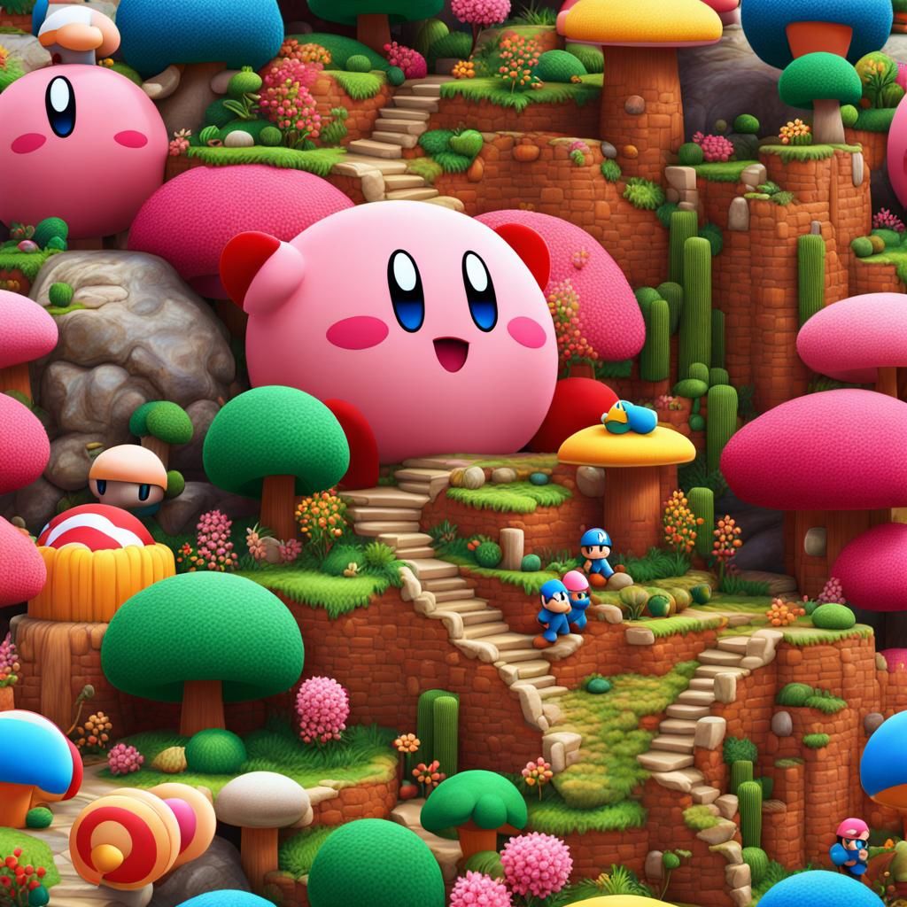 Kirby::video game::eating the  earth::colorful::beautiful::p...
