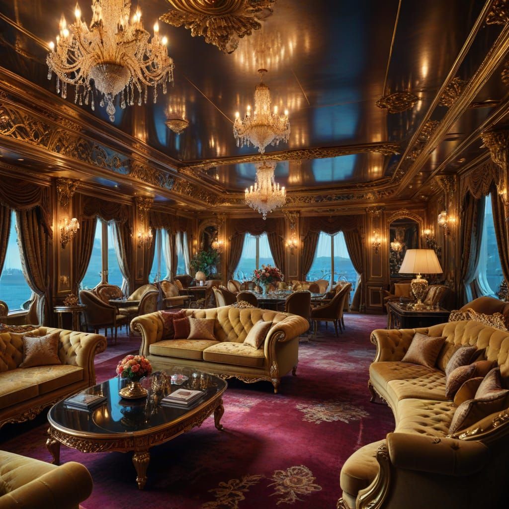 Golden Opulence Yacht Salon in Cinematic Style
