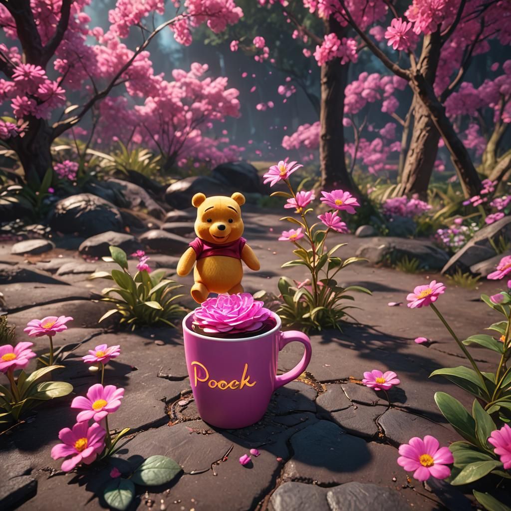 A neon pink flower emerges from it, a coffee cup emerges fro...