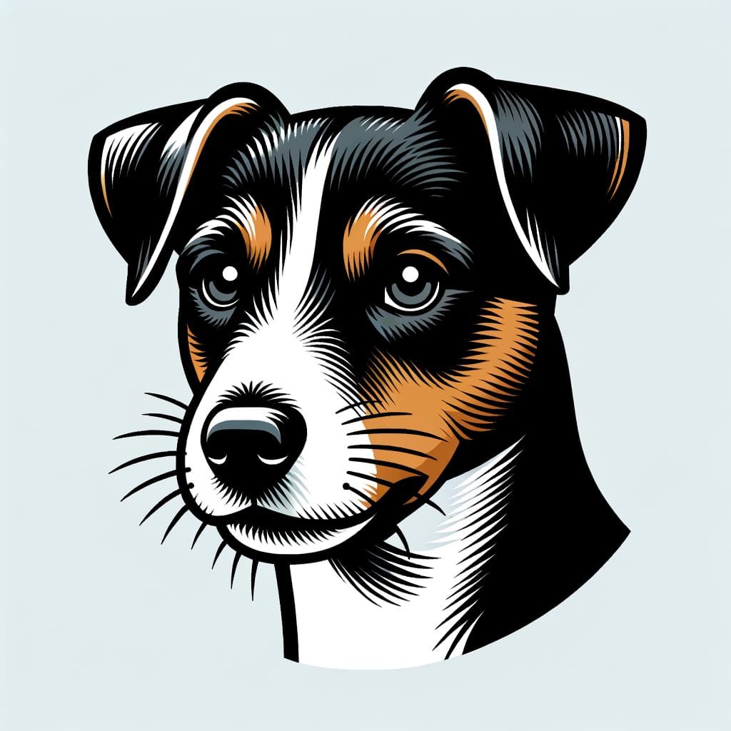 "Bold, minimalist line art illustration of a JRT, high-contrast black and white graphic design. The dog must have small, neat button ears fo...