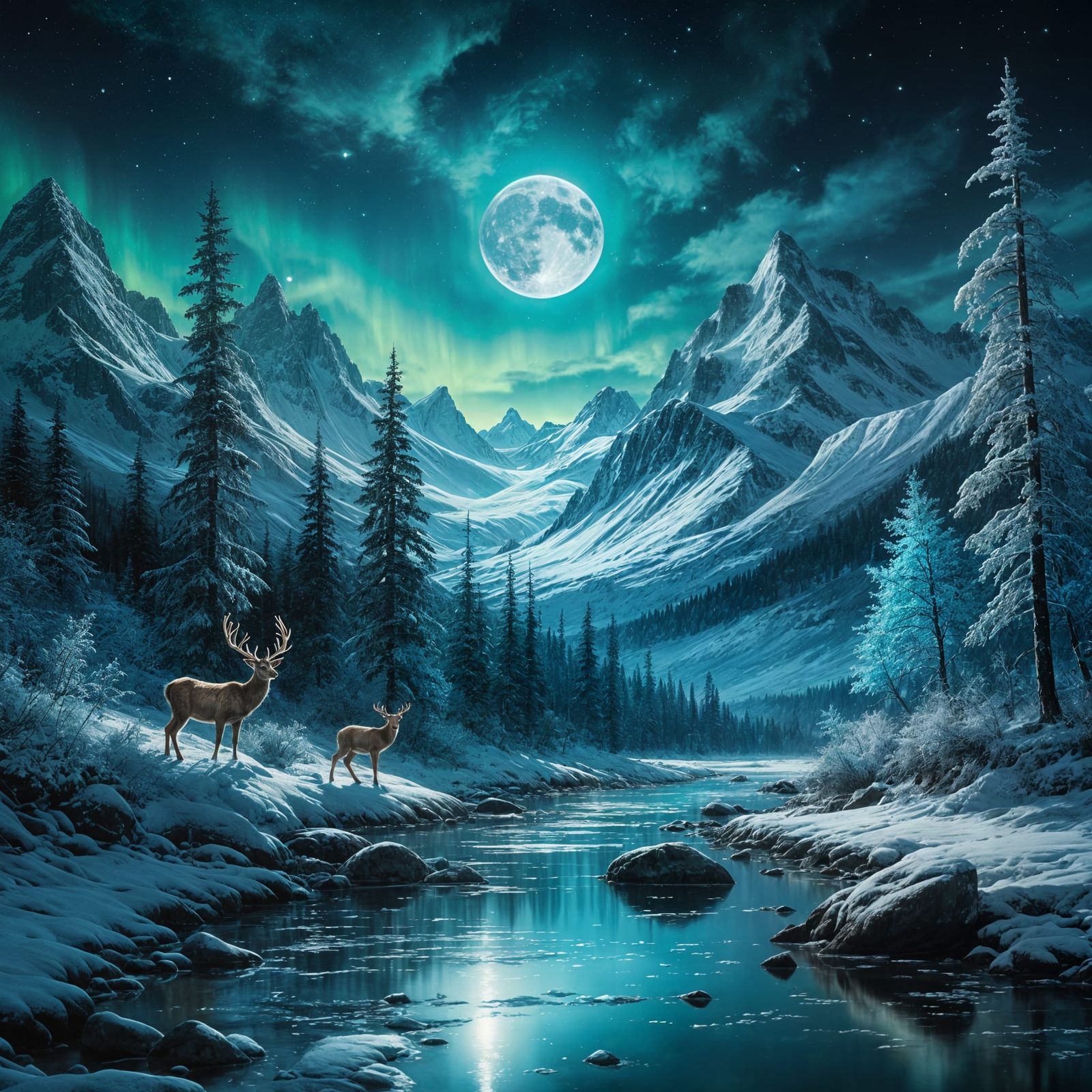 A majestic fantasy landscape under the night sky, featuring a glowing turquoise aurora dancing above ...  by @rezz