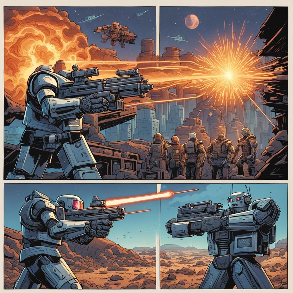 Endless Loop of scenes of robot firing a laser gun at a robo...