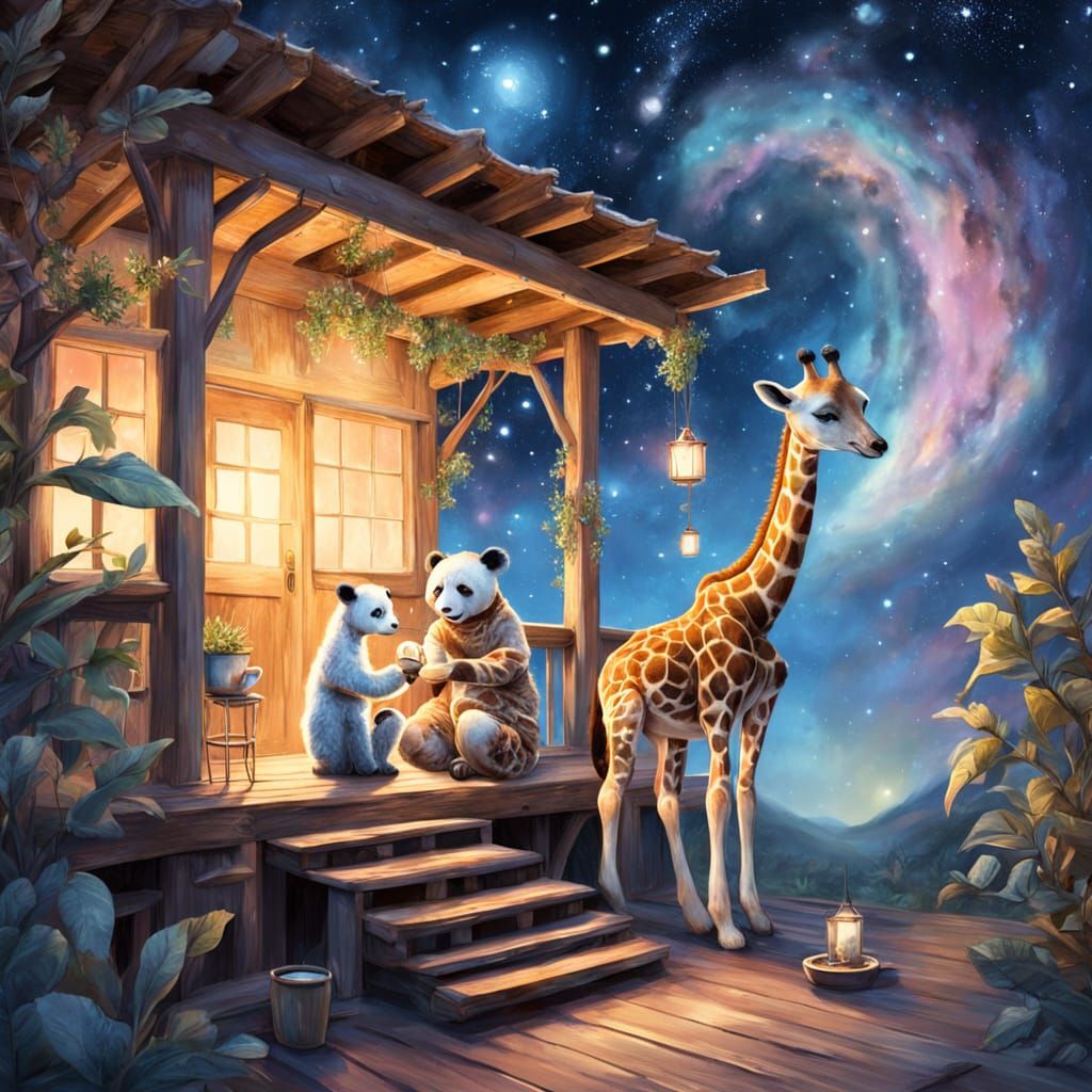 Giraffe and Panda Sip Glowing Hot Chocolate on Rustic Porch