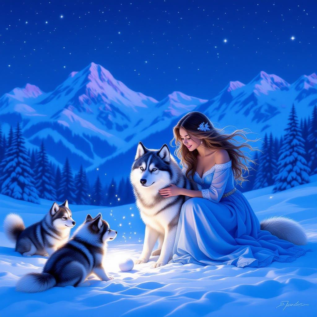 A Woman and husky pup