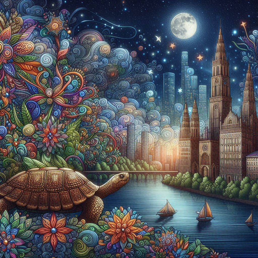 Fantasy Night Cityscape and Tortoise wandering though