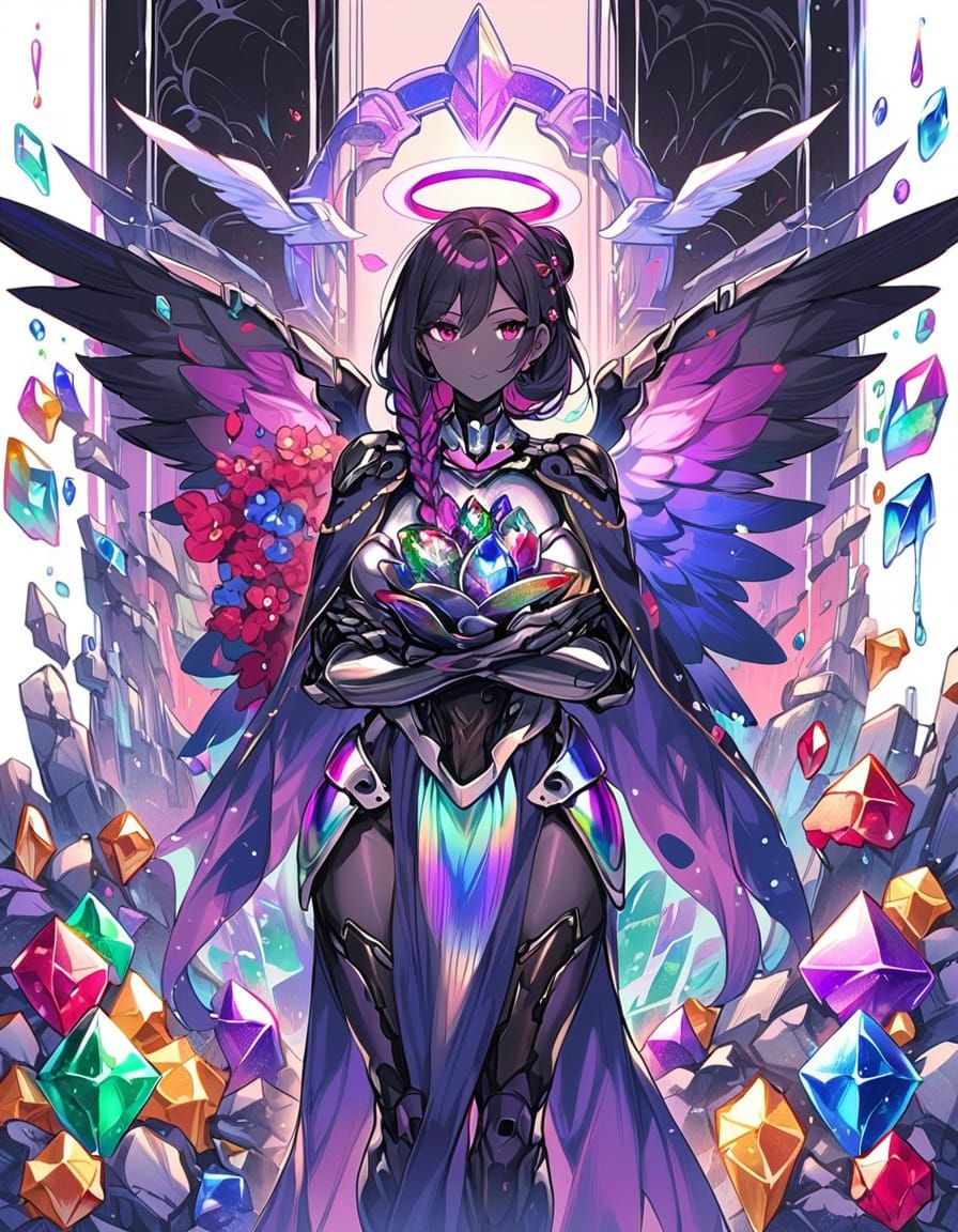 hugging, mature female, metal skin, iridescent, power armor, colored skin, stone brick, (reflective black skin), gemlike...