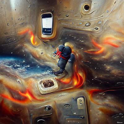 A burning smartphone in space
