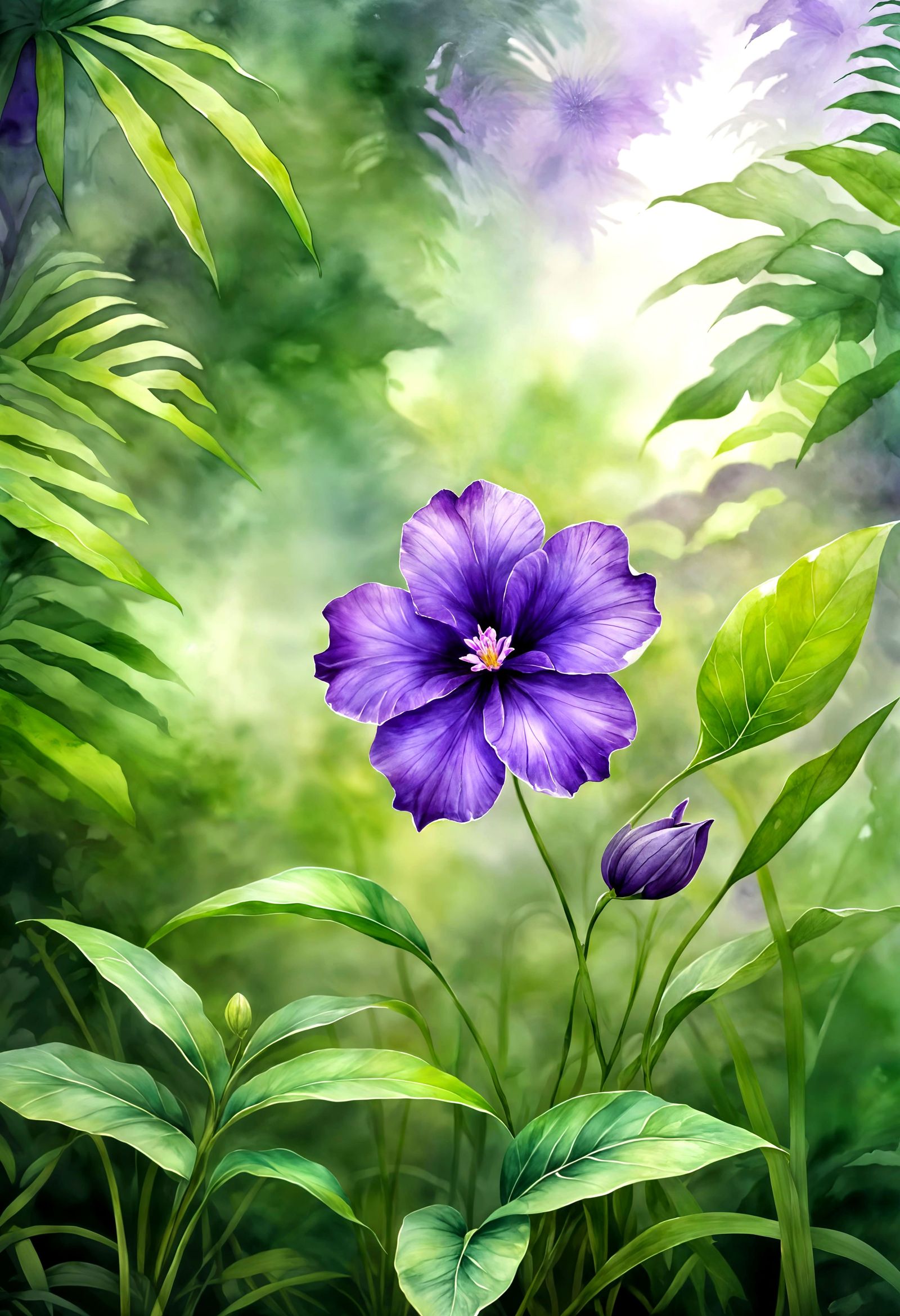 Purple Flower Blooms in Tropical Jungle Watercolor : This image shows a solitary deep violet flower blooming ...  by @g r r c
