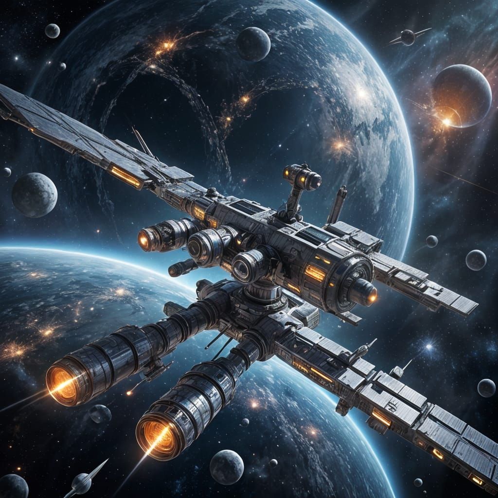 Futuristic Space Station in Watercolor Orbiting a Planet