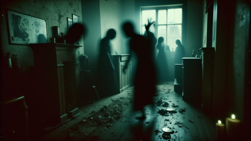 Inside a dimly lit, decaying Victorian room, shafts of cold light pour through a tall window, illuminating dust swirling...