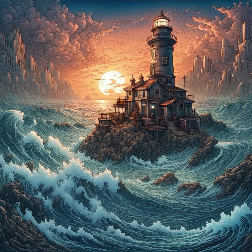 Prompt share:
Line art of a Chaotic seascape lighthouse in an detailed heavy lined line art style by Josephine Wall :: CGSociety :: Mark Bro...
