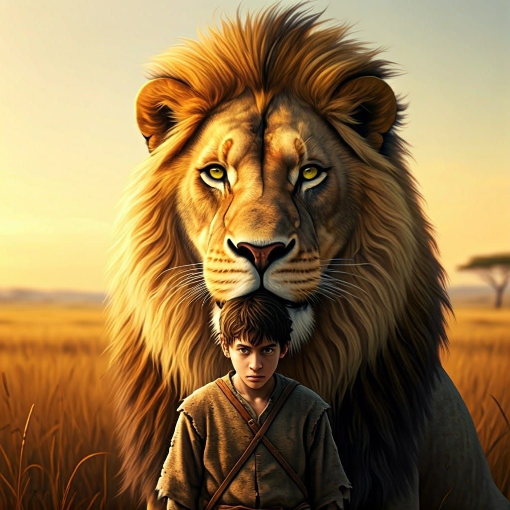 Majestic Lion Tenderly Holds Young Boy in Golden Savannah Su...