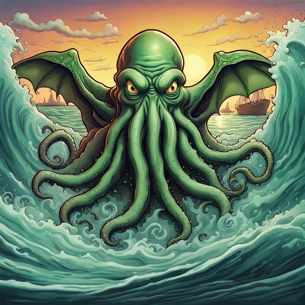 Cartoon Book Illustration Of Cthulhu Rising From The Sea, In The Style 