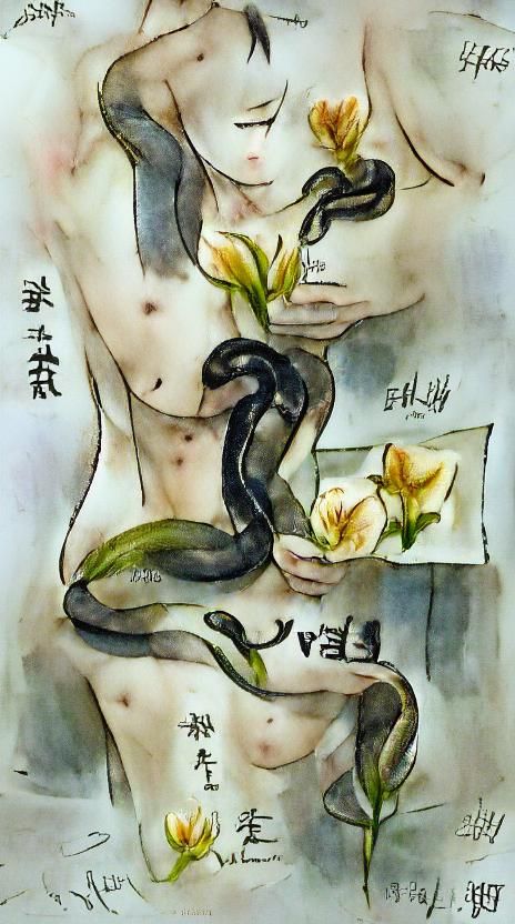 Nude Man with Snake and Lilies: Sumi Ink Art