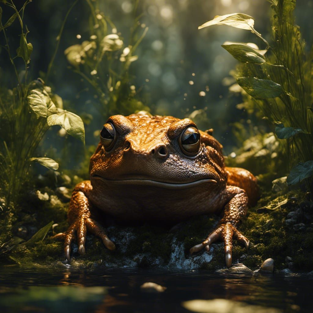 a giant frog in a tiny bog in the mouth of a black hog sitting on a log, book artwork, creative composition, elaborate detail, splash art, c...