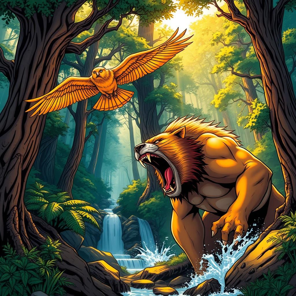 Lion and Eagle in Vibrant Forest, Comic Book Style