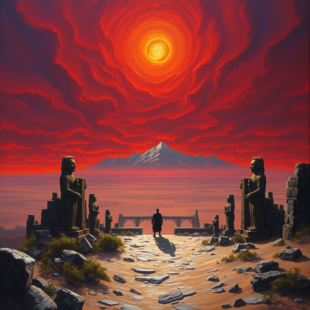 Ethereal Temple Amidst Arid Wastes in Vibrant Oil Painting S...