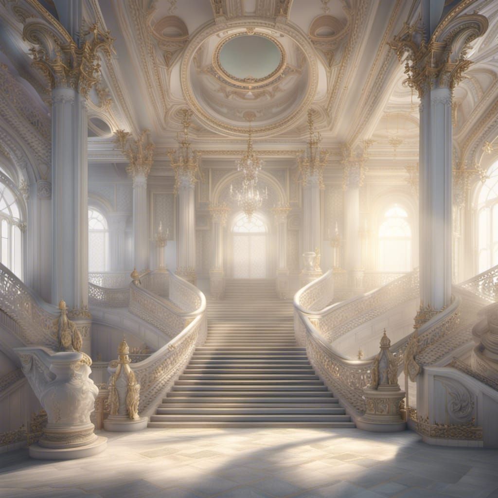 A luxurious royal in light whitepalace with white stairs in ...
