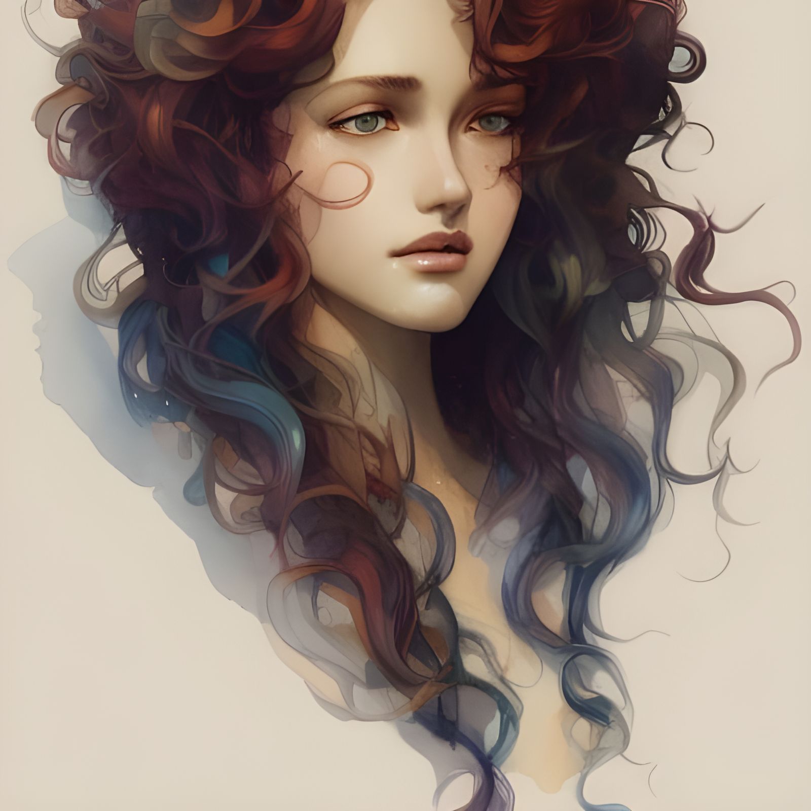 Moebius Aquarelle Winter curly hair boho lady Disney illustrated, head ...