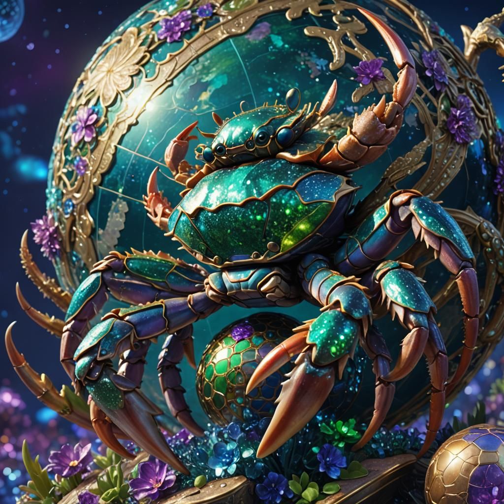 Giant Crab in Ornate Attire Stands on Globe