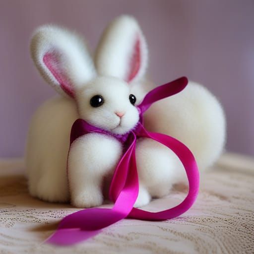 Adorable flopped ear angora bunny with pink purple silk ribb...