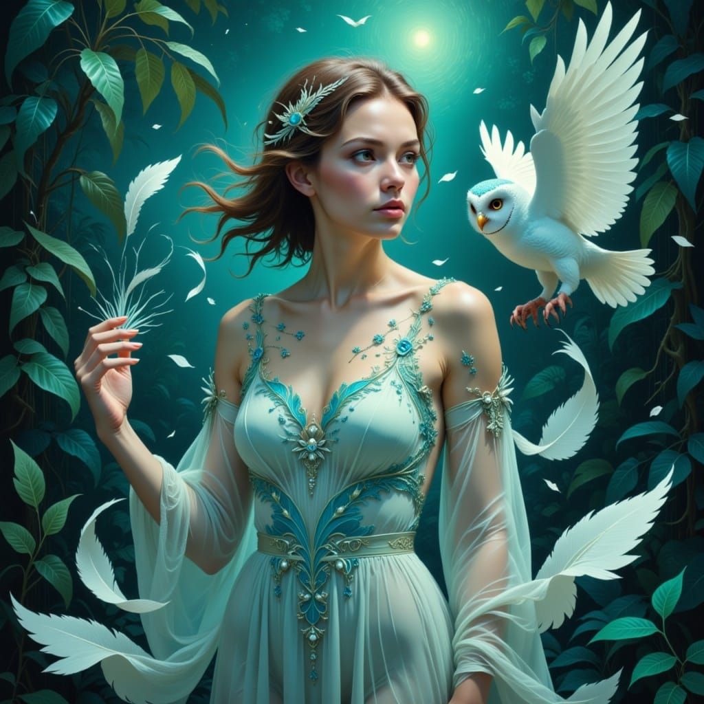 Owl melded with a woman in a beautiful portrait with a feather dress teal blue greens <lora:Jungle Trista:1.0> 
