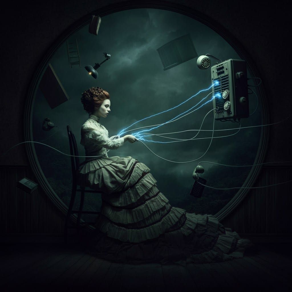 A painting of a woman who has seven cords  connected to a telephone switchboard, which go through her body and then the ...