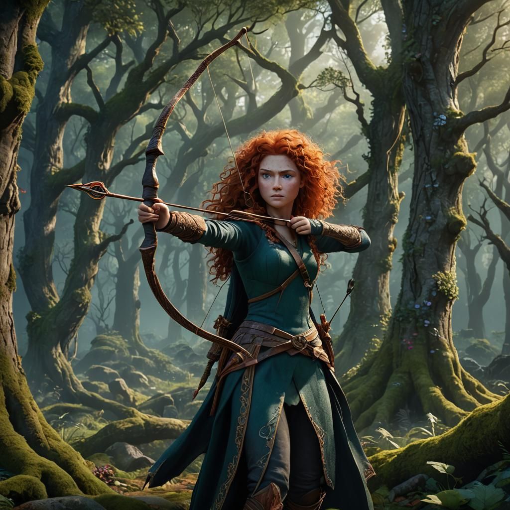 Merida holding up a bow and arrow in an enchanted forest - AI Generated ...