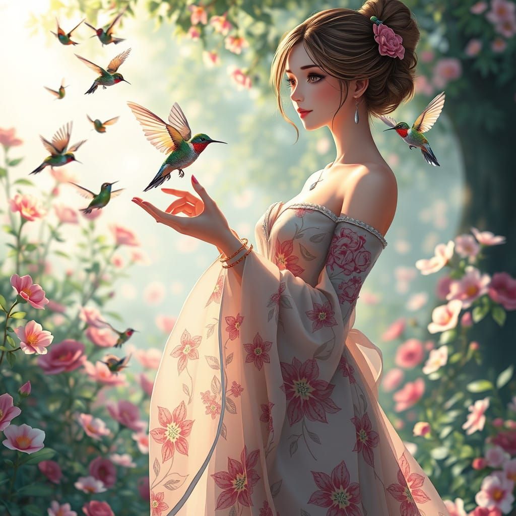 Women with 1 humming bird on her finger and other surrounding her with flowers garden   by @Goh Kathy