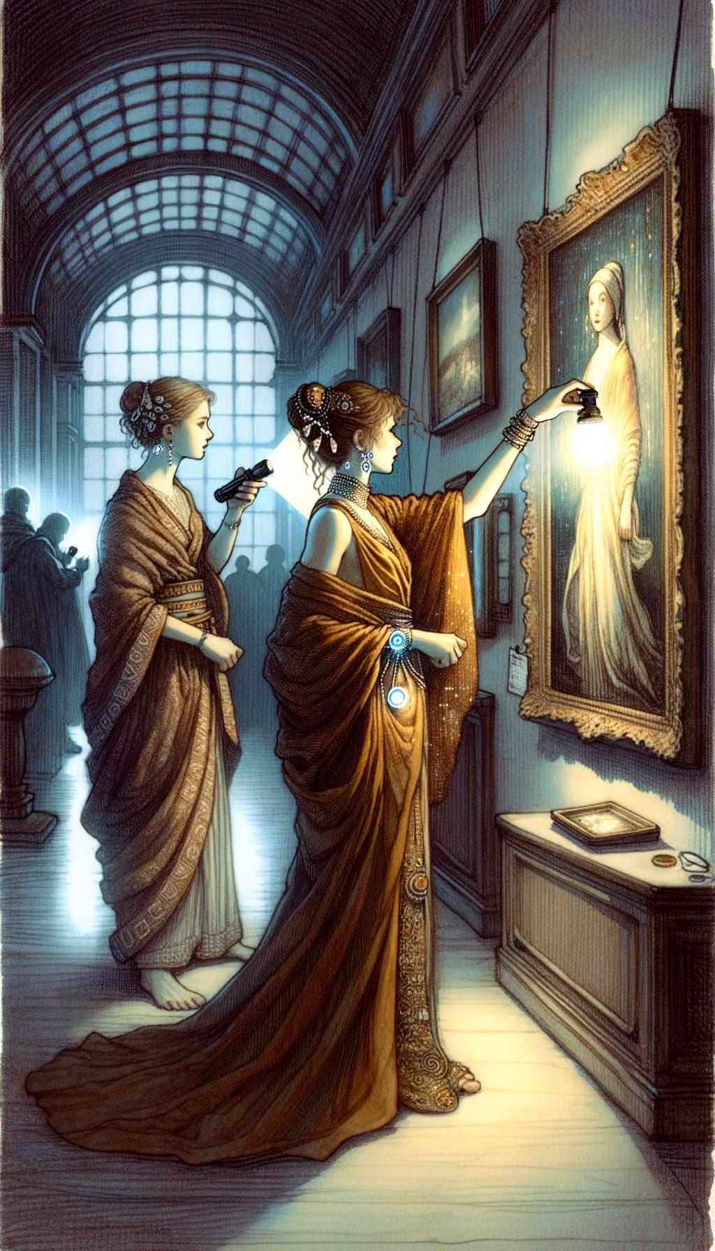 In the hand-drawn illustration and watercolor style of Arthur Rackham, an ancient Greek woman detective, brown-skinned, Moebius dreamlike li...