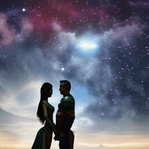 Cyborg couple standing in an open field with a sky of stars