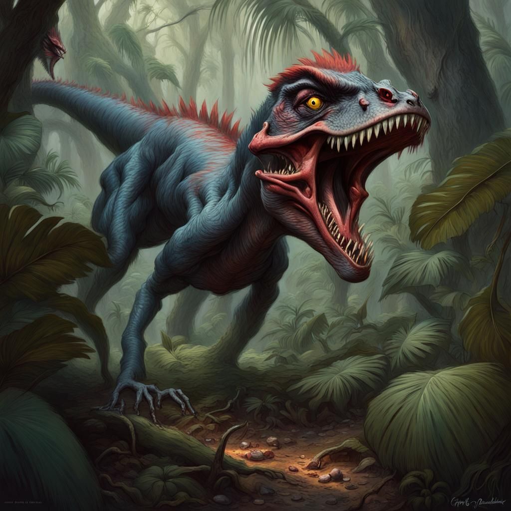 An angry Dilophosaurus spitting vibrant venom in the jungle....