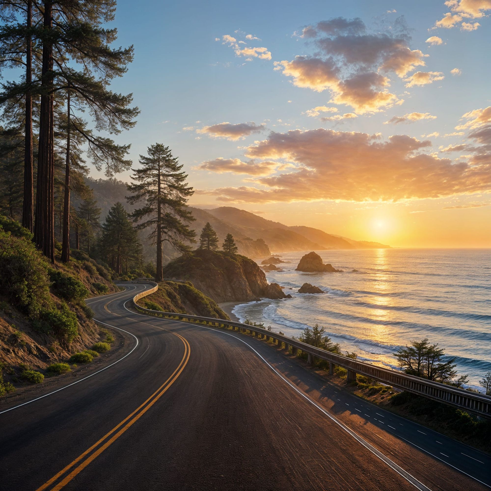 Driving northbound on the Pacific Coast Highway along the ocean with the appearance of Redwood trees in the distance ahead.
