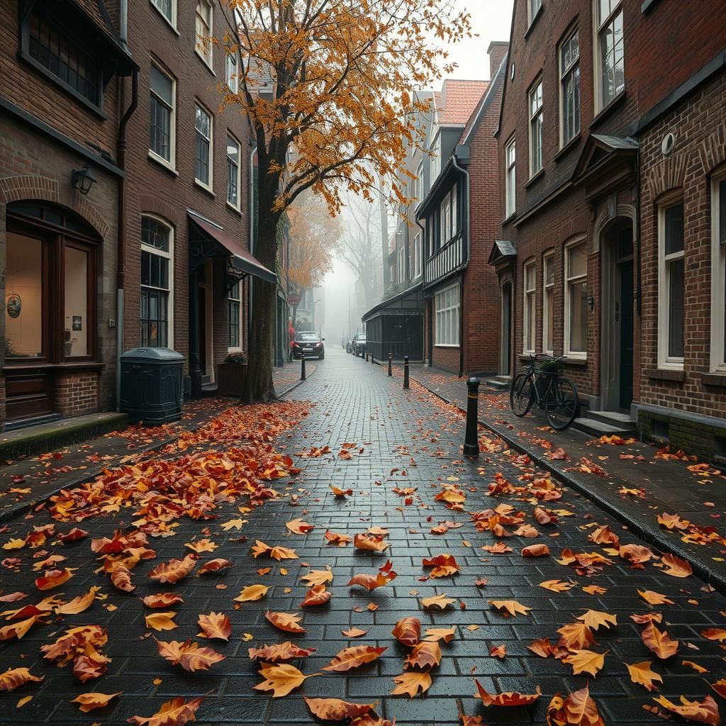 Leaves in Fall, a Rainy Morning in the Street of Old Rijswij...