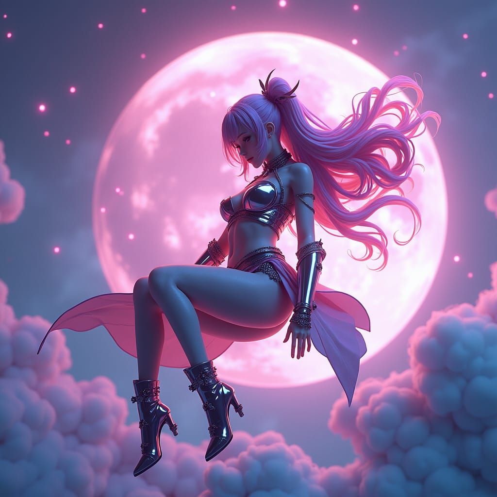 Punk Goddess Dreamer, violet moon celestial scenery, vibrant colours, bright lighting 