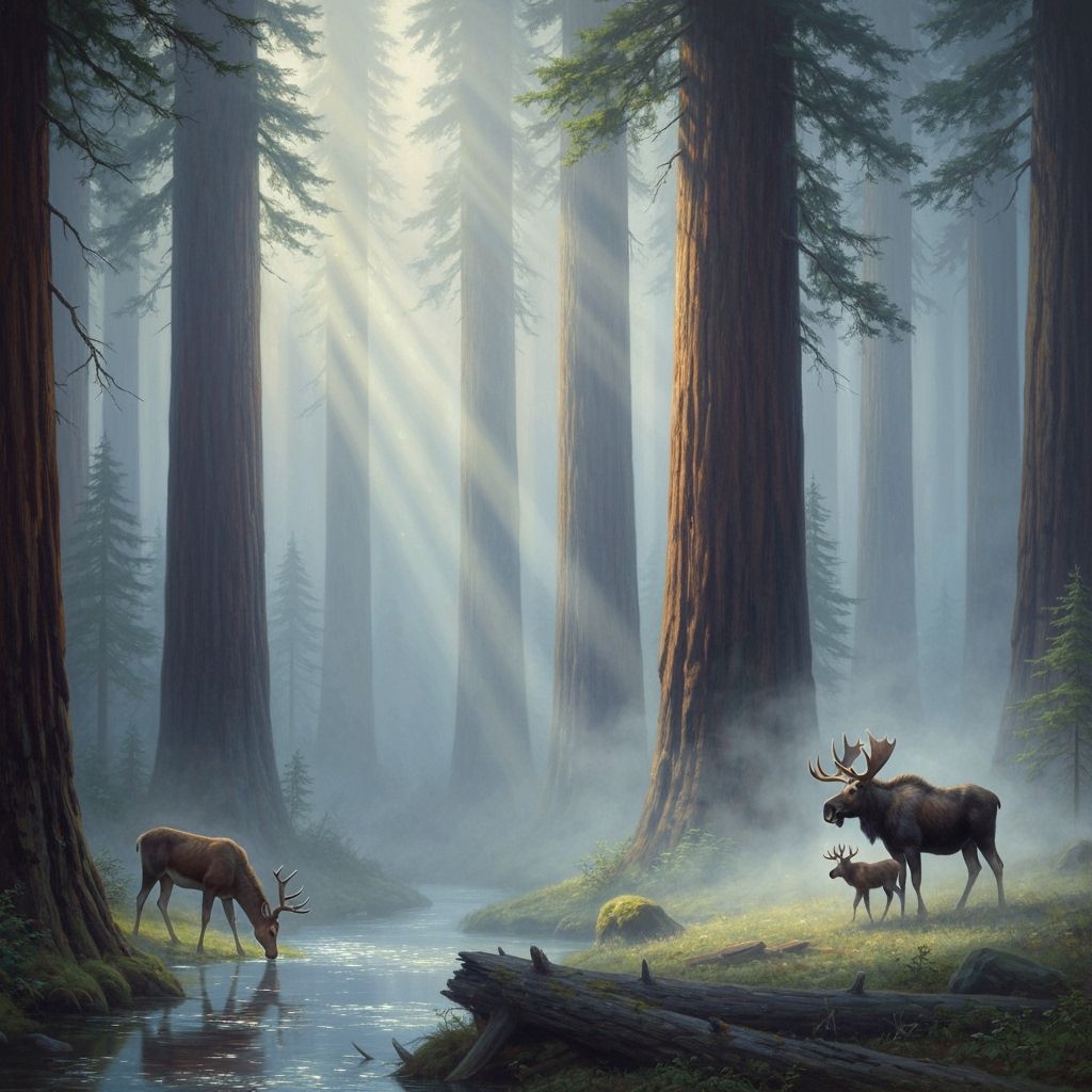 A giant redwood forest shrouded in thick fog