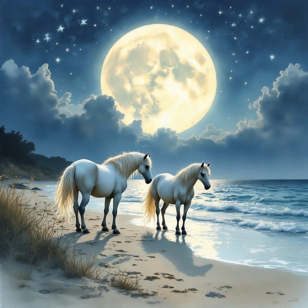 ""Watercolor illustration of wild horses on a moonlit beach in the style of  Kathleen Wilcox Alphonse ...  by @Jano
