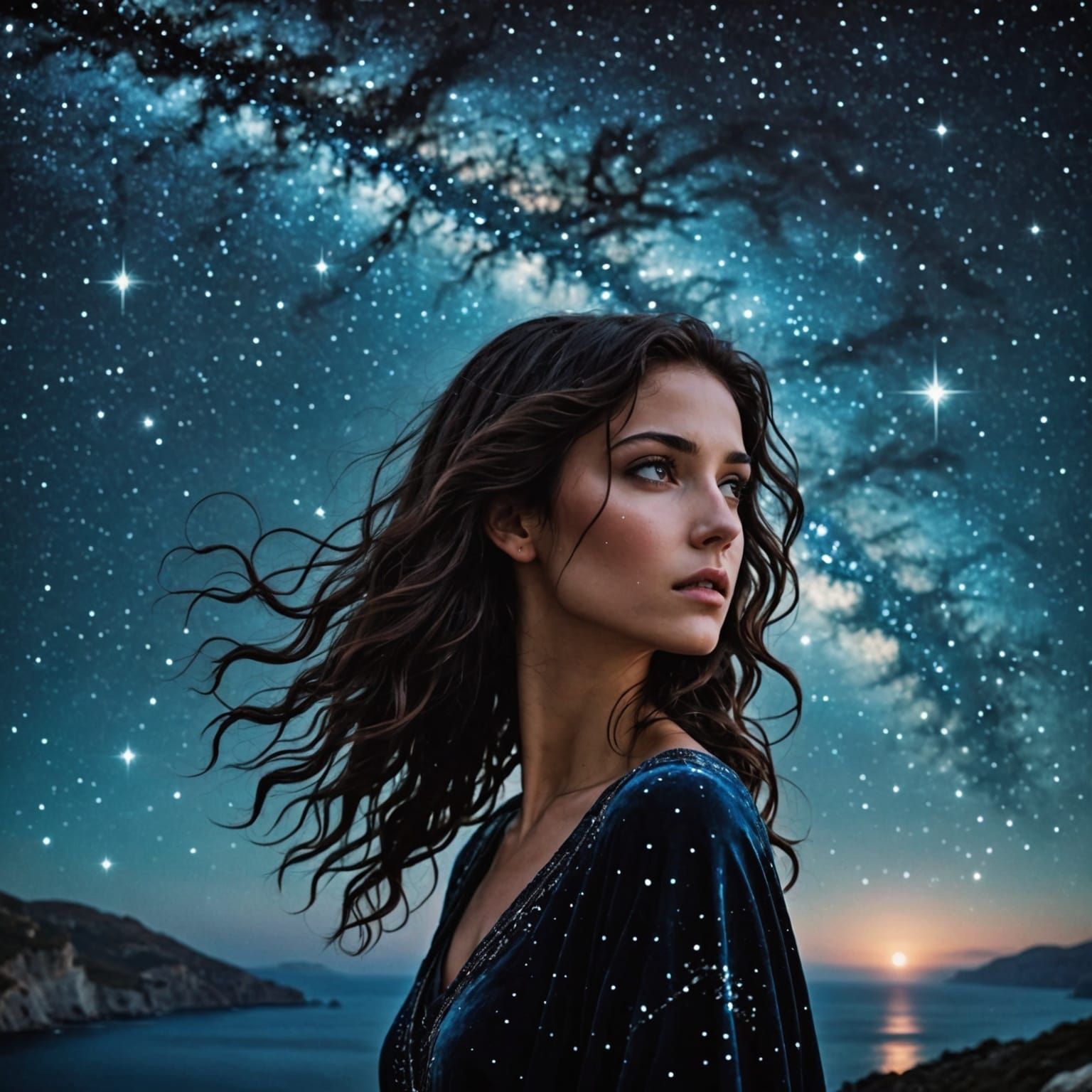 Woman Gazing at Starry Map: Digital Matte Painting