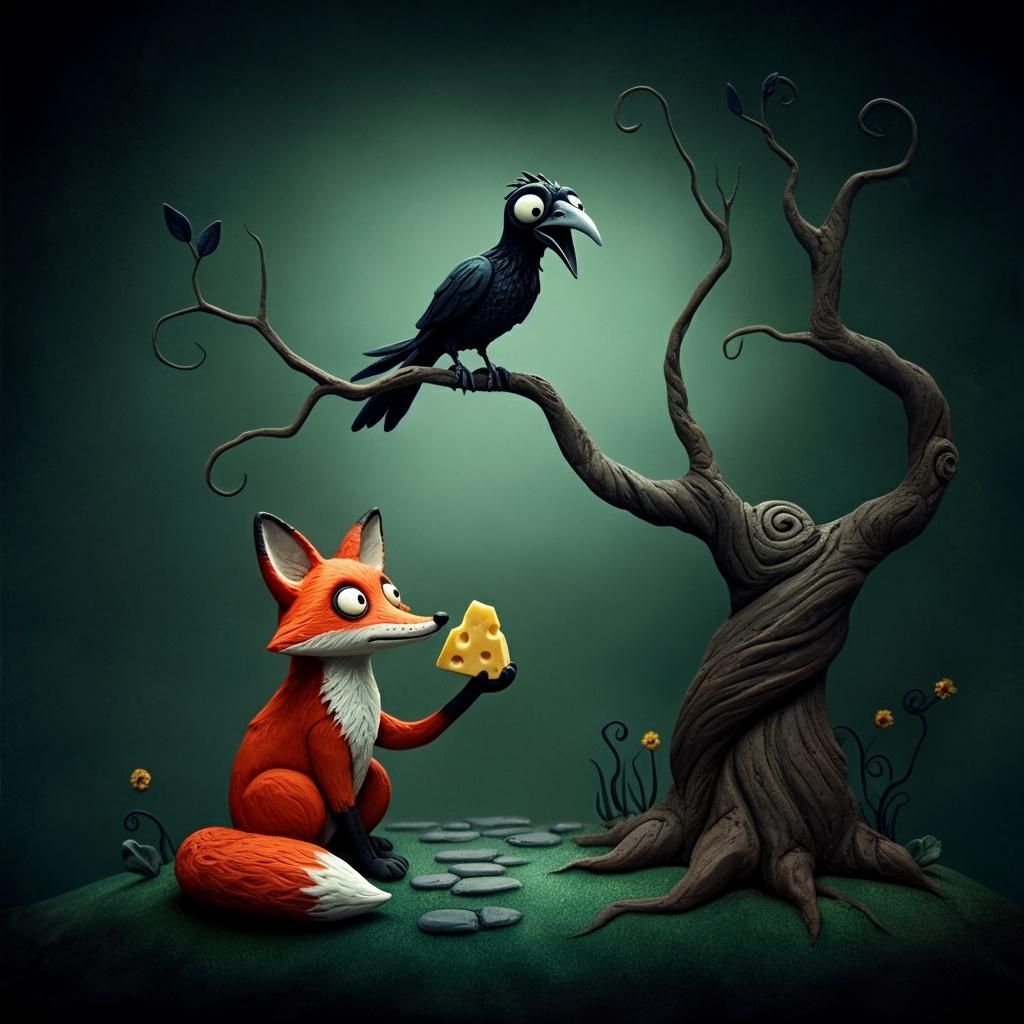 Jean de la Fontaine’s fable "The Fox and the Crow,"  3D clay...