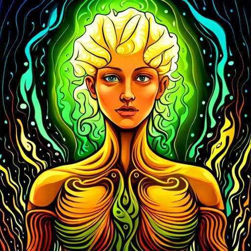 beautiful surreal divine woman from mycelium network in warped ...