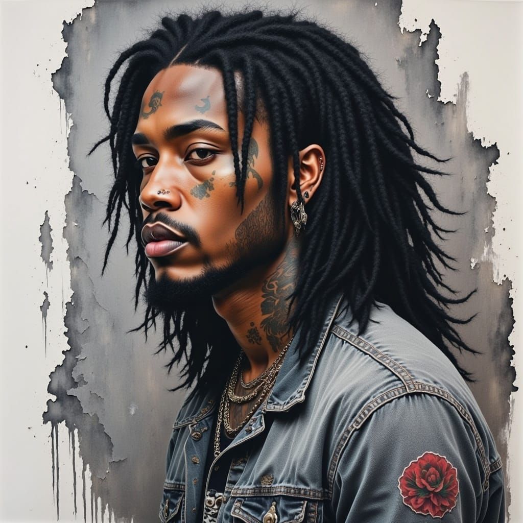 <lora:Scruffy Intensity:1.0> watercolor alcohol ink artistic portrait, young black man portrait, gray denim jacket, grunge, poster style, lo...