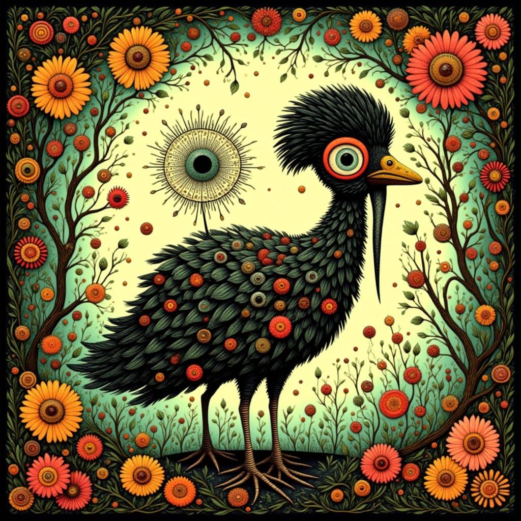 <lora:Quirky Charm:1.0> illustration, whimsical, surreal,  vulture character, style of nicoletta ceccoli and mark ryden Screen print, pop ar...